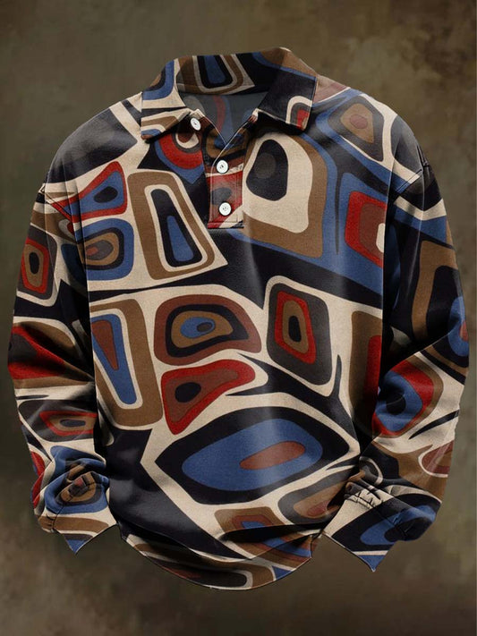Abstract Color-Blocked Geometric Print Casual Long-Sleeve Polo Shirt