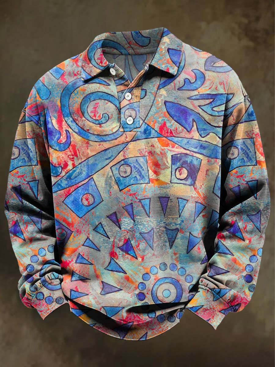 Abstract Color-Blocked Geometric Print Casual Long-Sleeve Polo Shirt