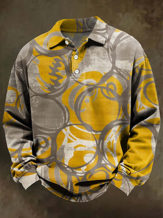 Abstract Color-Blocked Geometric Print Casual Long-Sleeve Polo Shirt
