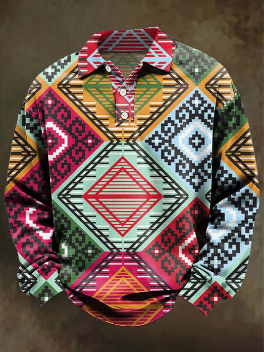 Abstract Color-Blocked Vintage Geometric Print Casual Long-Sleeve Polo Shirt