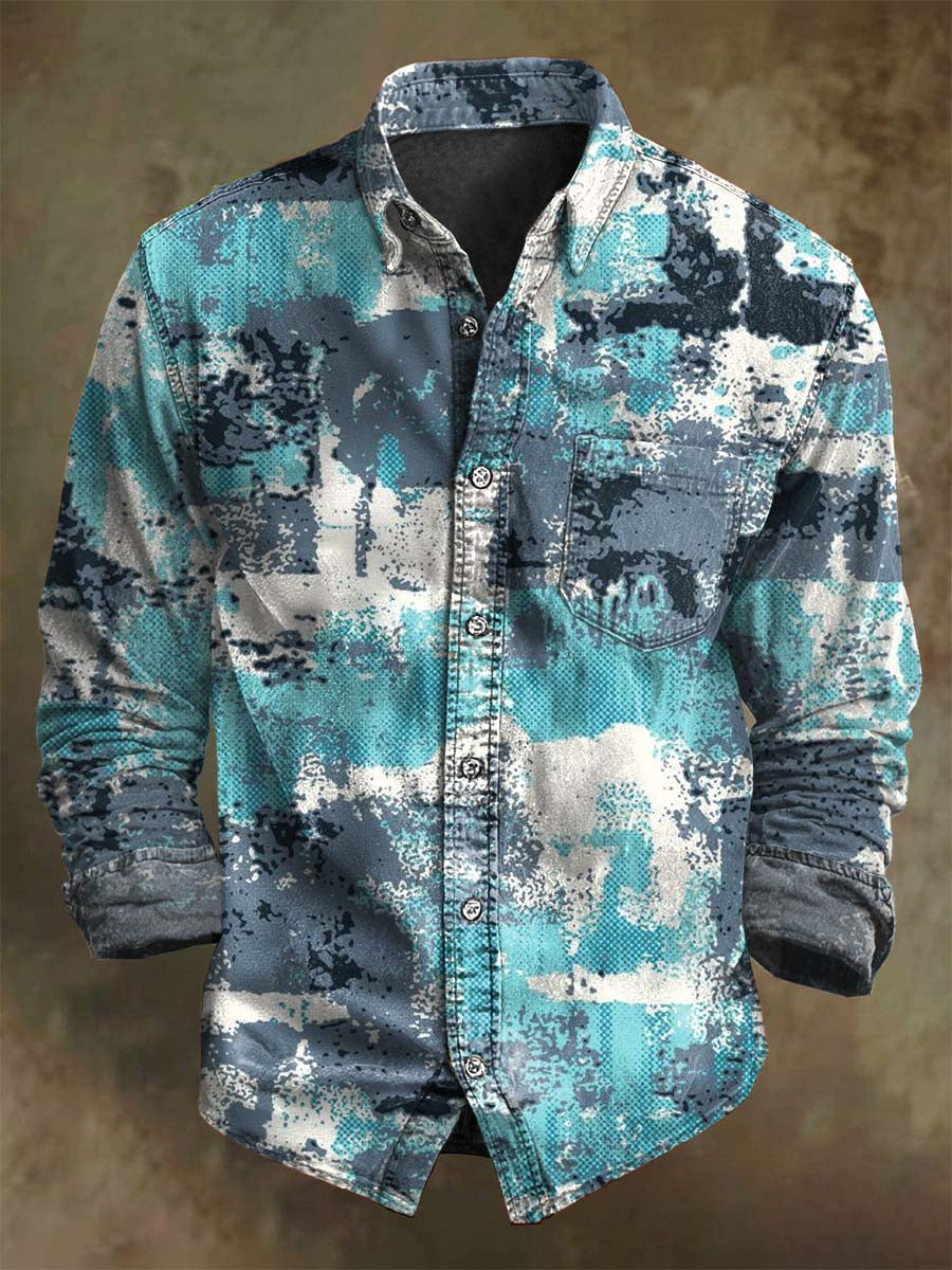 Abstract Color-Block Splatter Print Casual Long-Sleeve Shirt