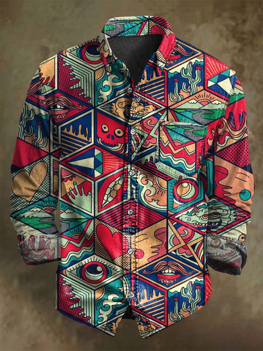 Abstract Street Patchwork Geometric Casual Long-Sleeve Shirt