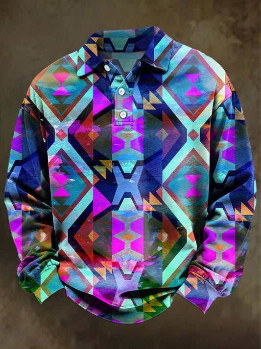 Abstract Ethnic-Inspired Geometric Print Casual Long-Sleeve Polo Shirt