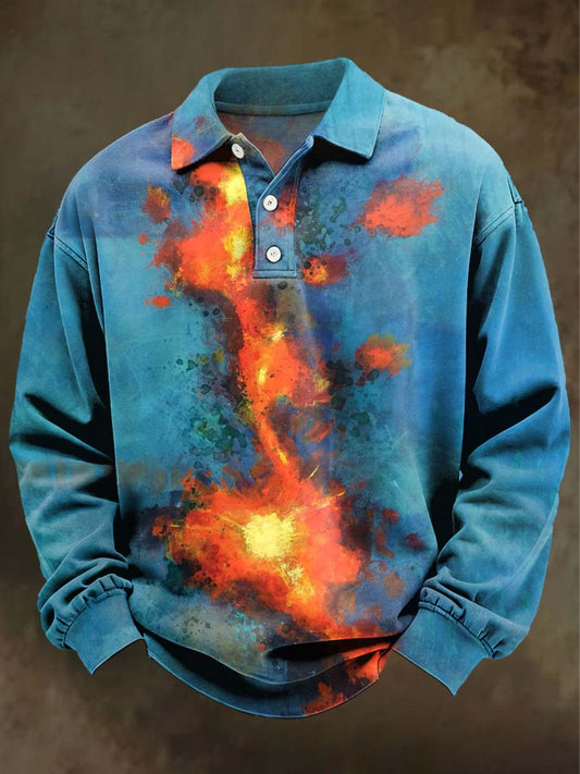 Abstract Color-Block Print Casual Long-Sleeve Polo Shirt