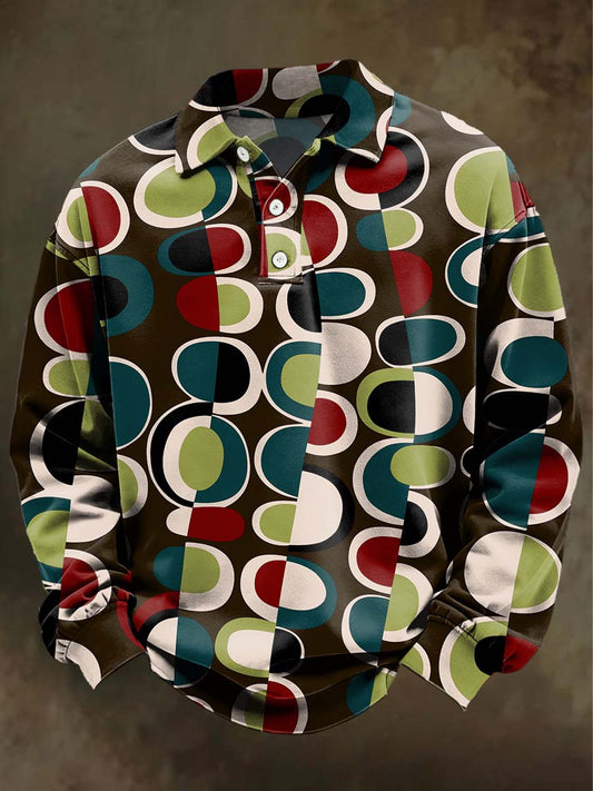 Abstract Irregular Geometric Print Casual Long-Sleeve Polo Shirt