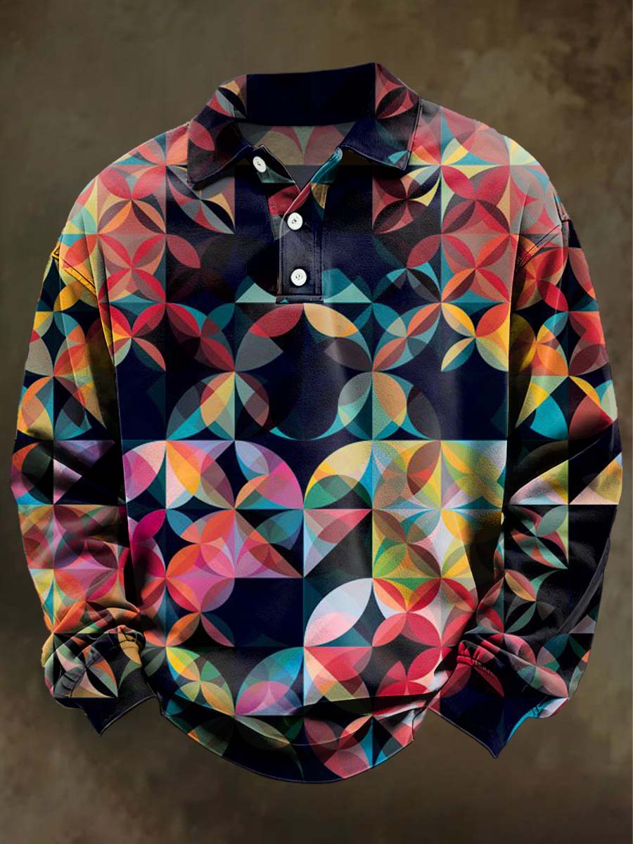 Abstract Geometric Print Casual Long-Sleeve Polo Shirt