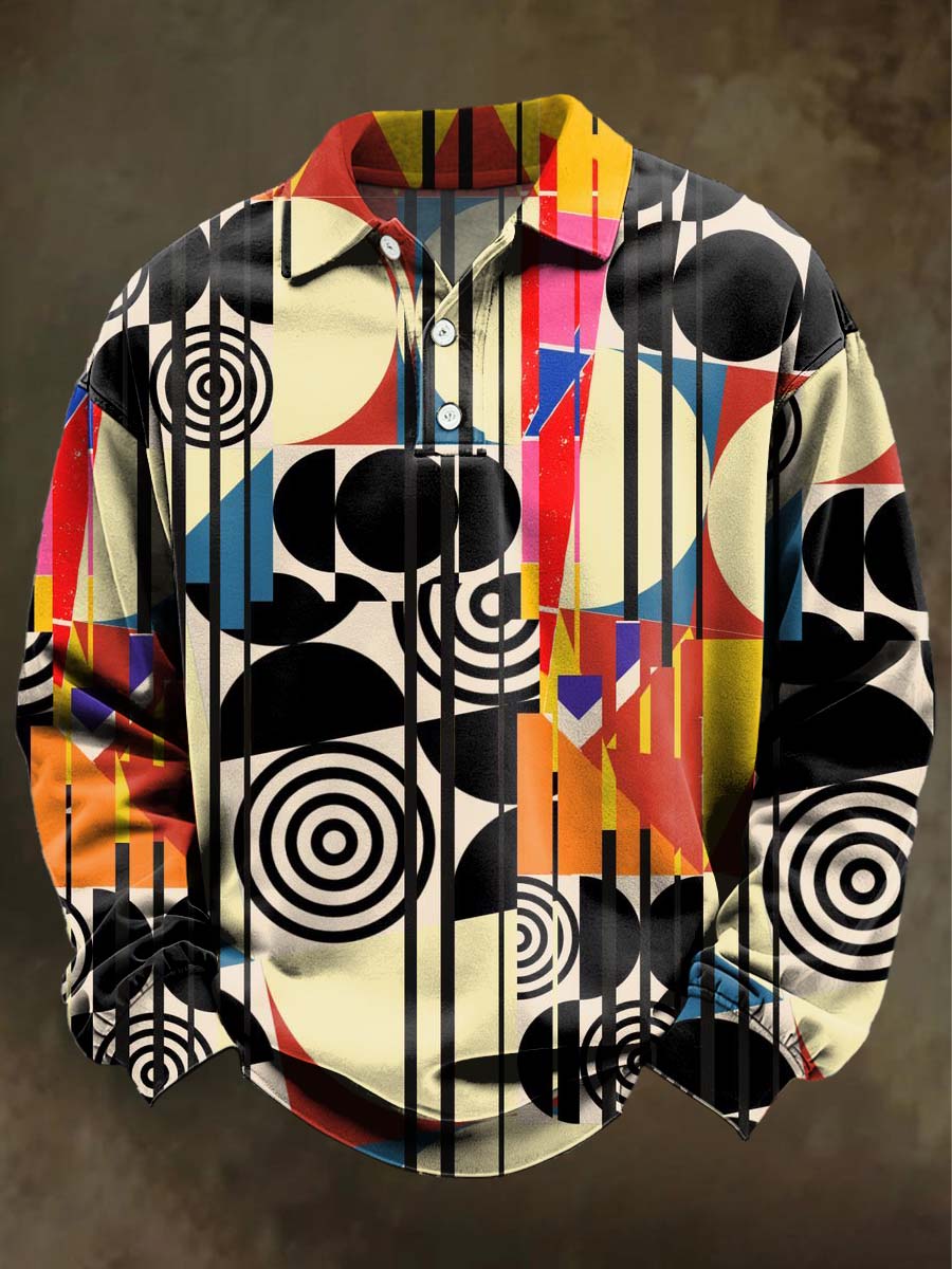 Abstract Irregular Geometric Print Casual Long-Sleeve Polo Shirt