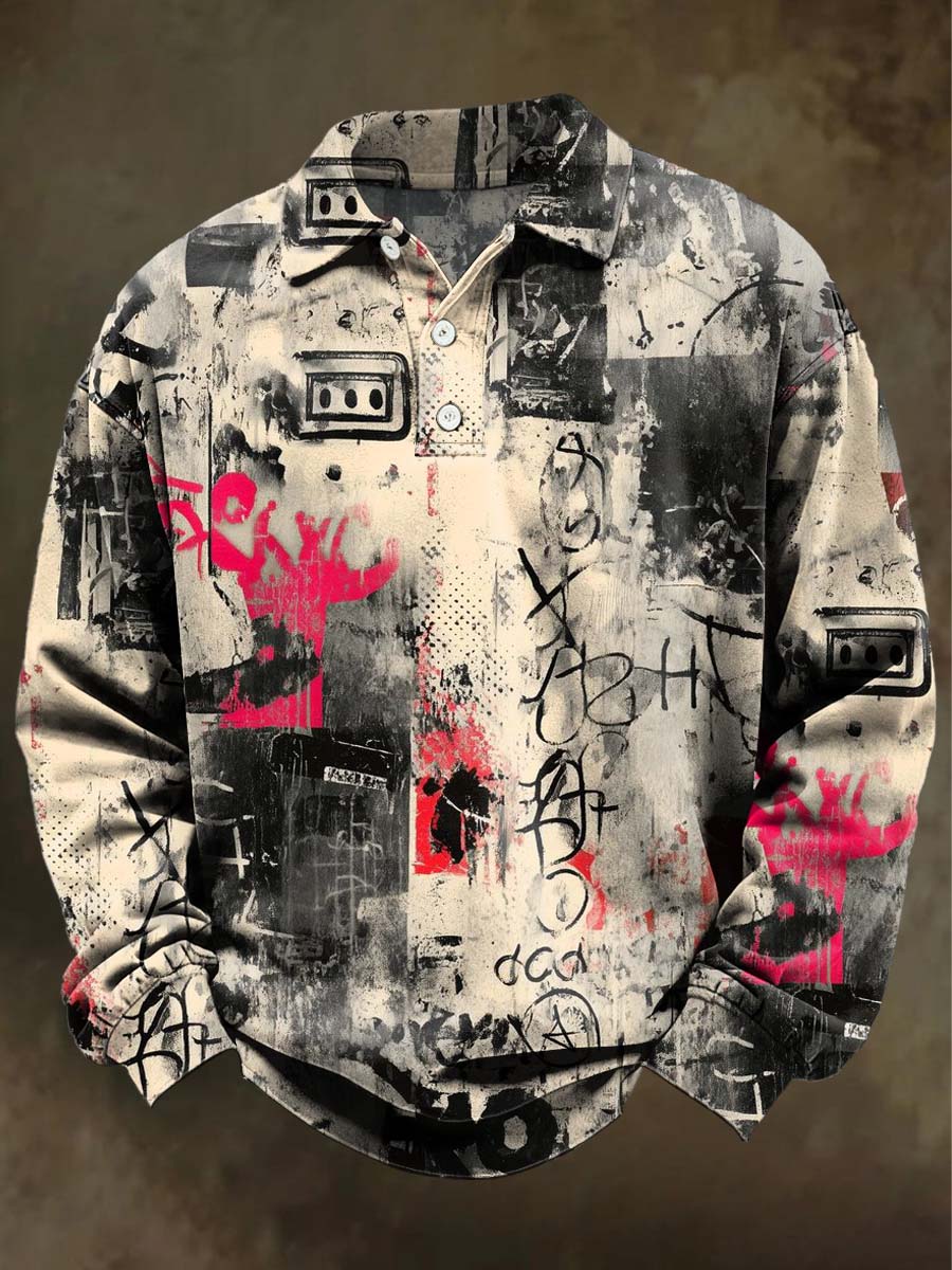 Abstract Doodle Print Casual Long-Sleeve Polo Shirt