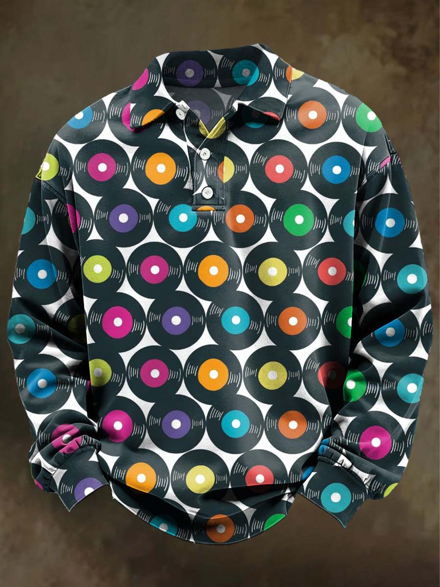 Abstract Vinyl Record Print Casual Long-Sleeve Polo Shirt
