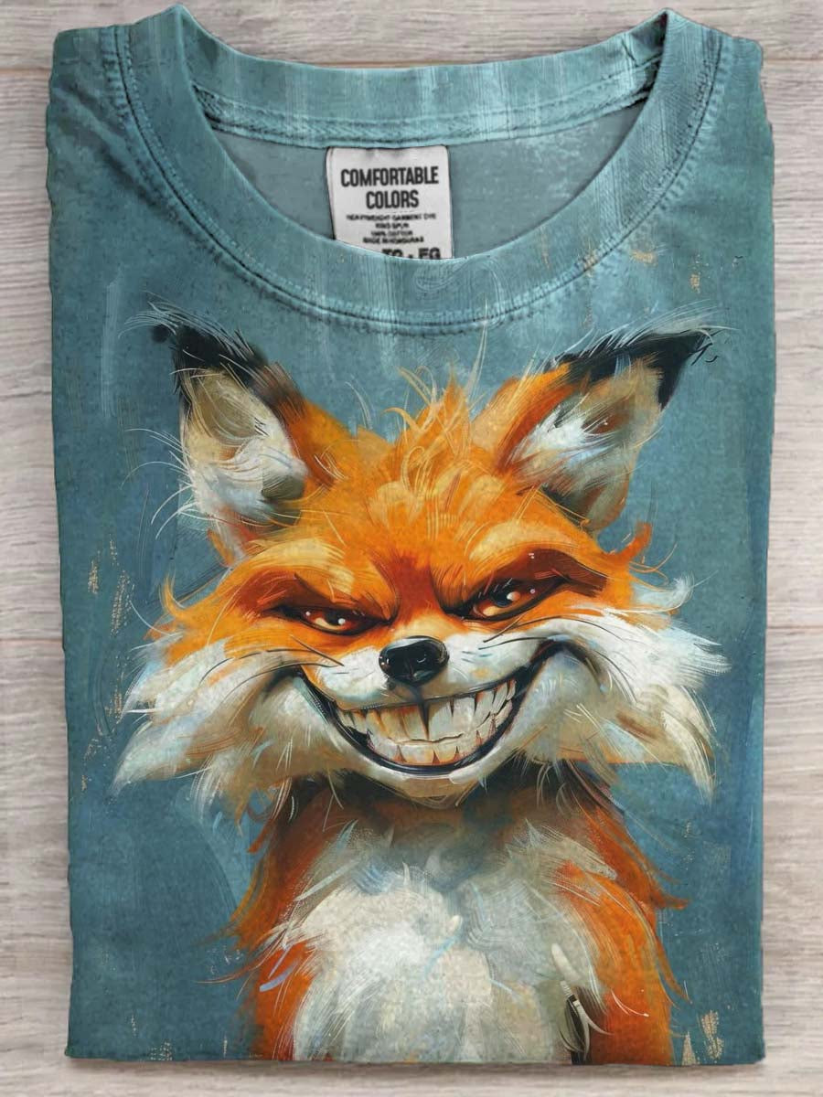 Playful Grinning Fox Print Casual Short-Sleeve T-Shirt