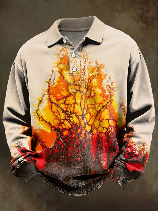 Abstract Color-Blocked Flame Print Casual Long-Sleeve Polo Shirt