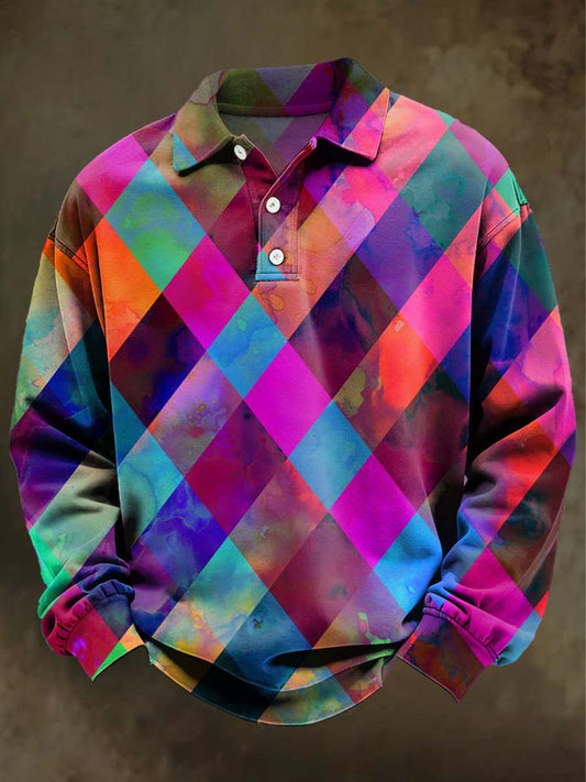 Abstract Color-Woven Plaid Print Casual Long-Sleeve Polo Shirt