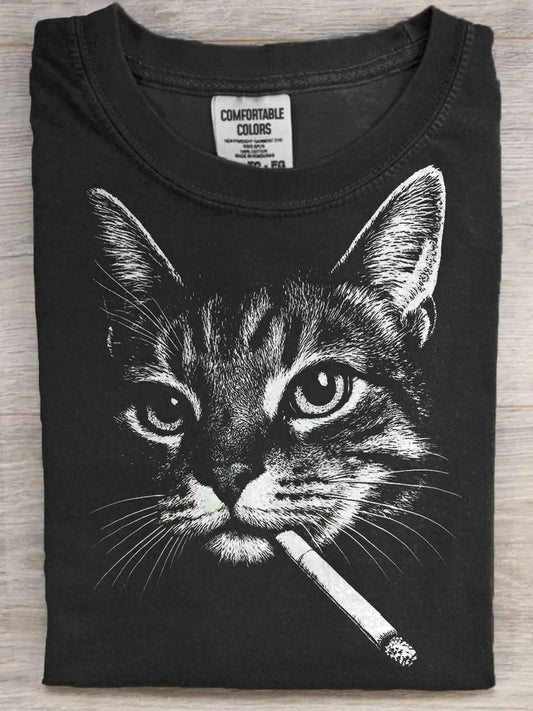 Funny Cat Smoking Print Casual Short-Sleeve T-Shirt
