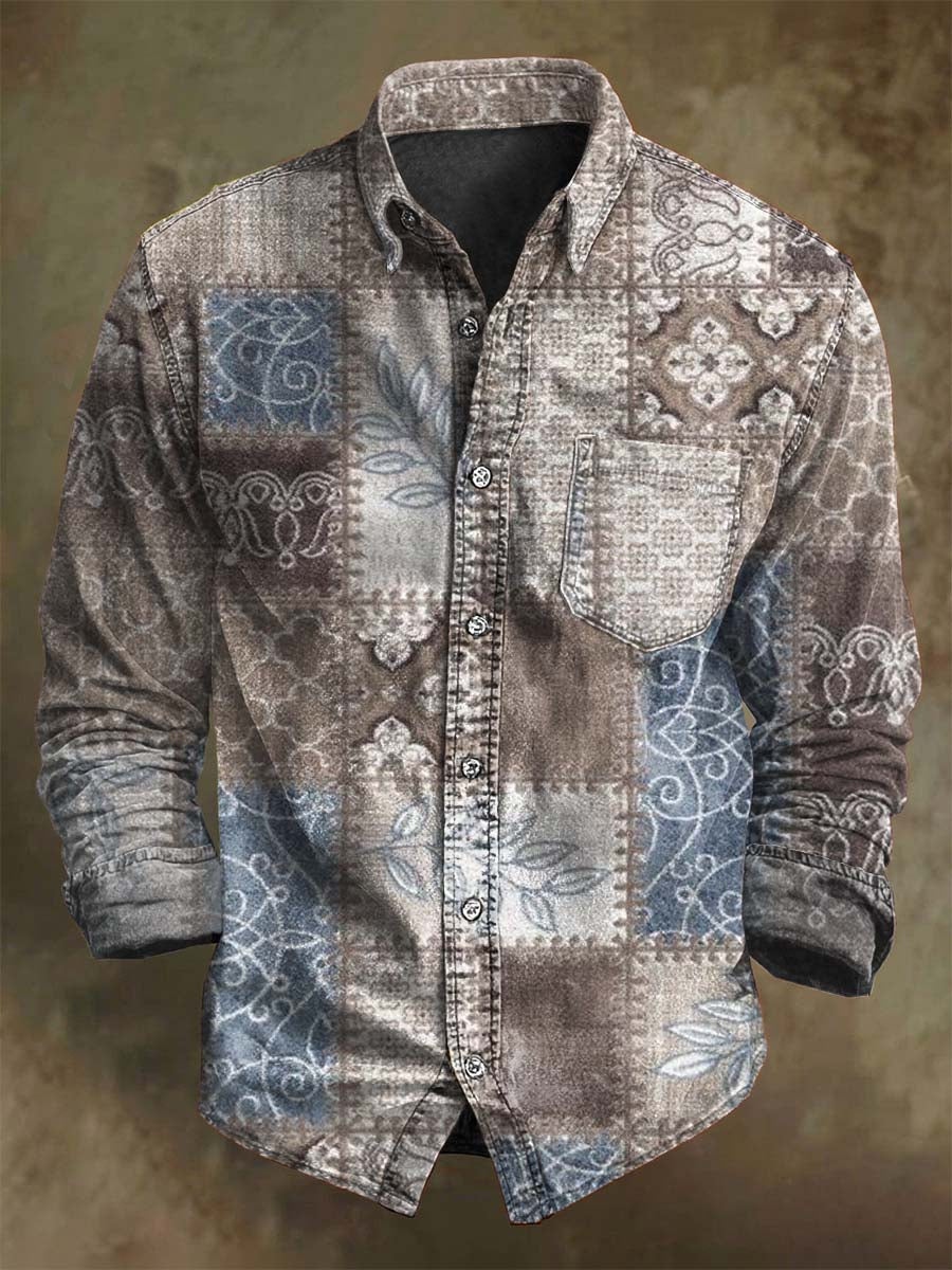 Retro Geometric Plaid Print Casual Long-Sleeve Shirt