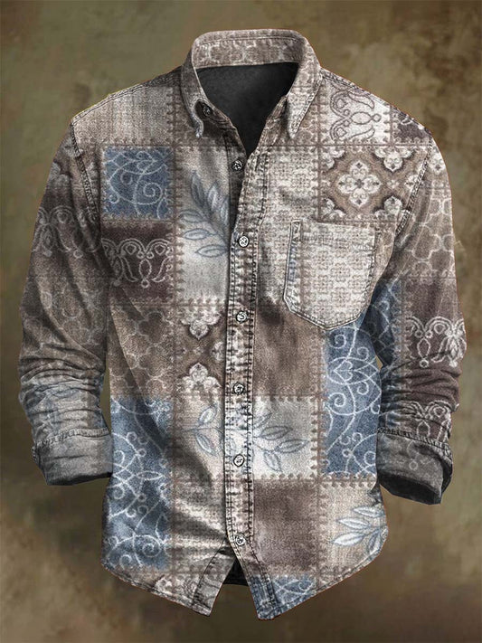 Retro Geometric Plaid Print Casual Long-Sleeve Shirt