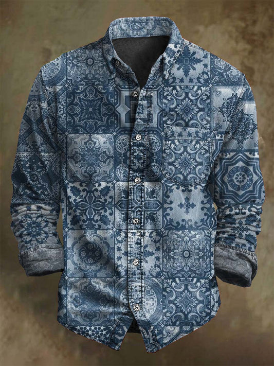 Retro Floral Plaid Print Casual Long-Sleeve Shirt