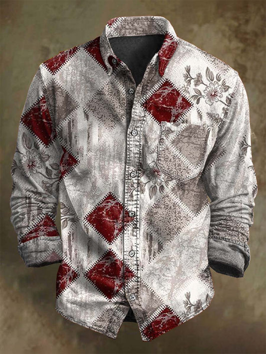 Retro Geometric Plaid Print Casual Long-Sleeve Shirt