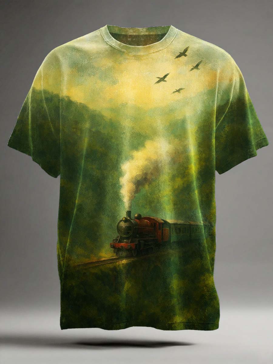 Retro Steam Train Print Casual Short-Sleeve T-Shirt