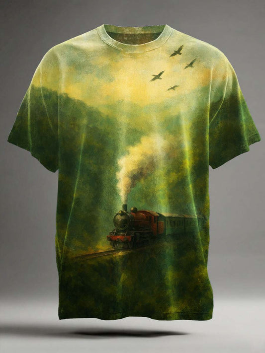 Retro Steam Train Print Casual Short-Sleeve T-Shirt