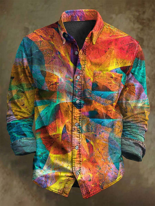 Abstract Psychedelic Color-Block Print Casual Long-Sleeve Shirt