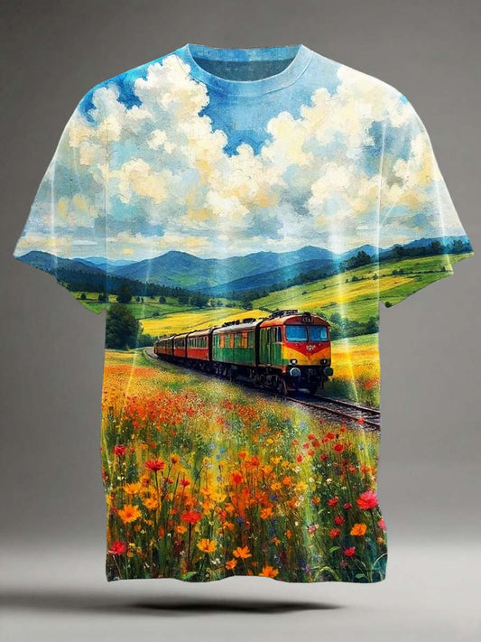 Countryside Scenery Train Print Casual Short-Sleeve T-Shirt