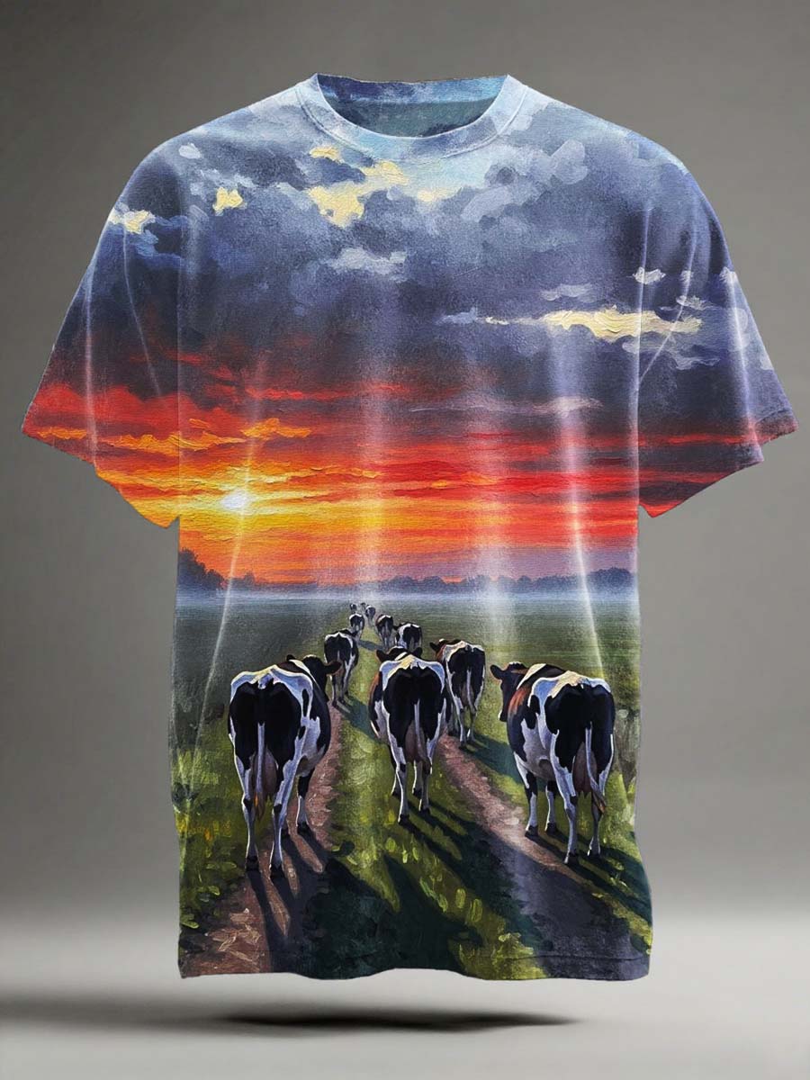 Oil Painting Texture Rustic Landscape Print Casual Short-Sleeve T-Shirt