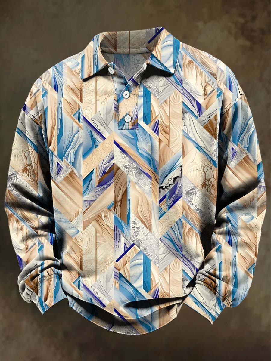 Retro Abstract Geometric Floral Print Casual Long-Sleeve Polo Shirt