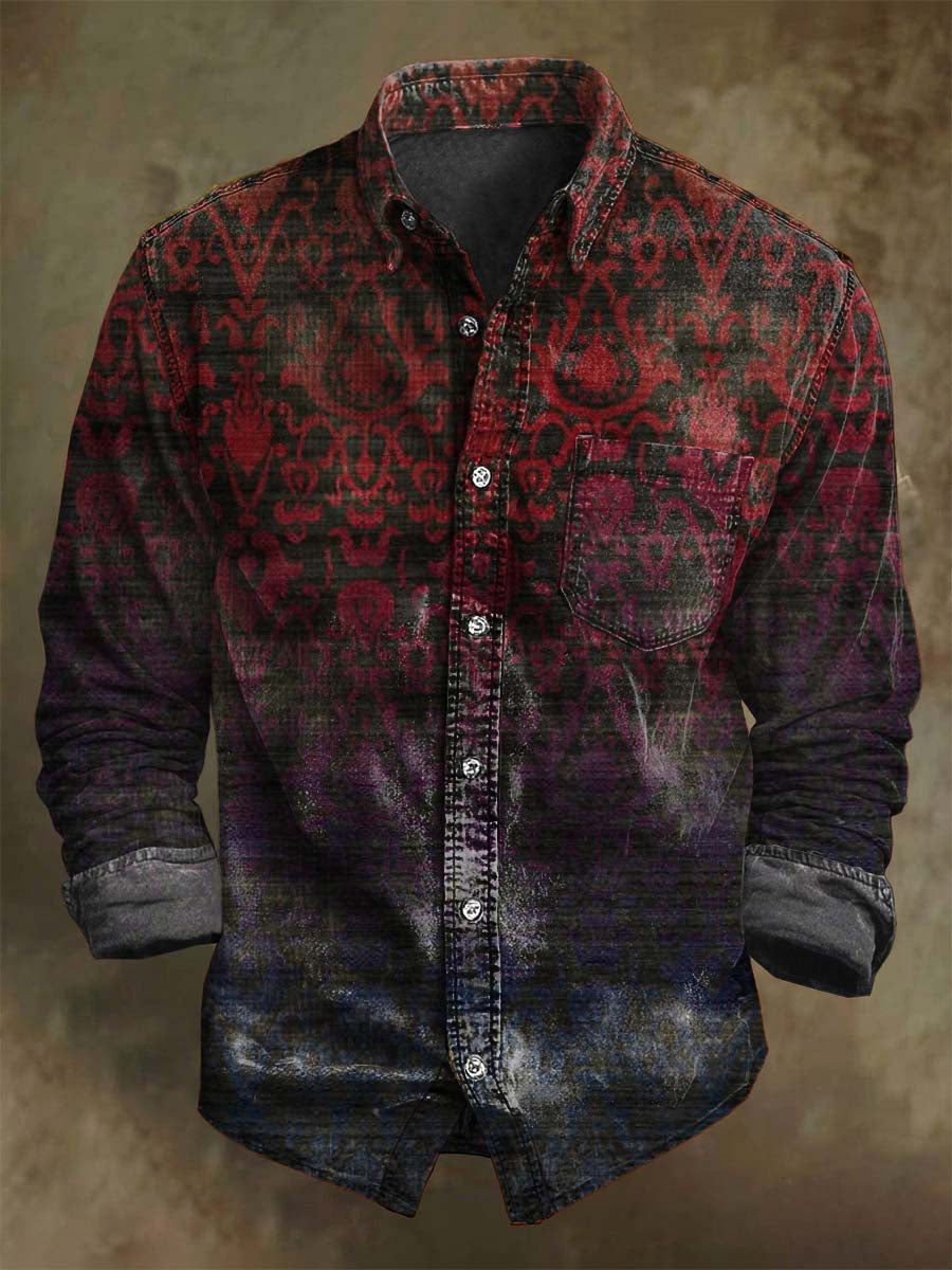 Abstract Vintage Gradient Floral Print Casual Long-Sleeve Shirt
