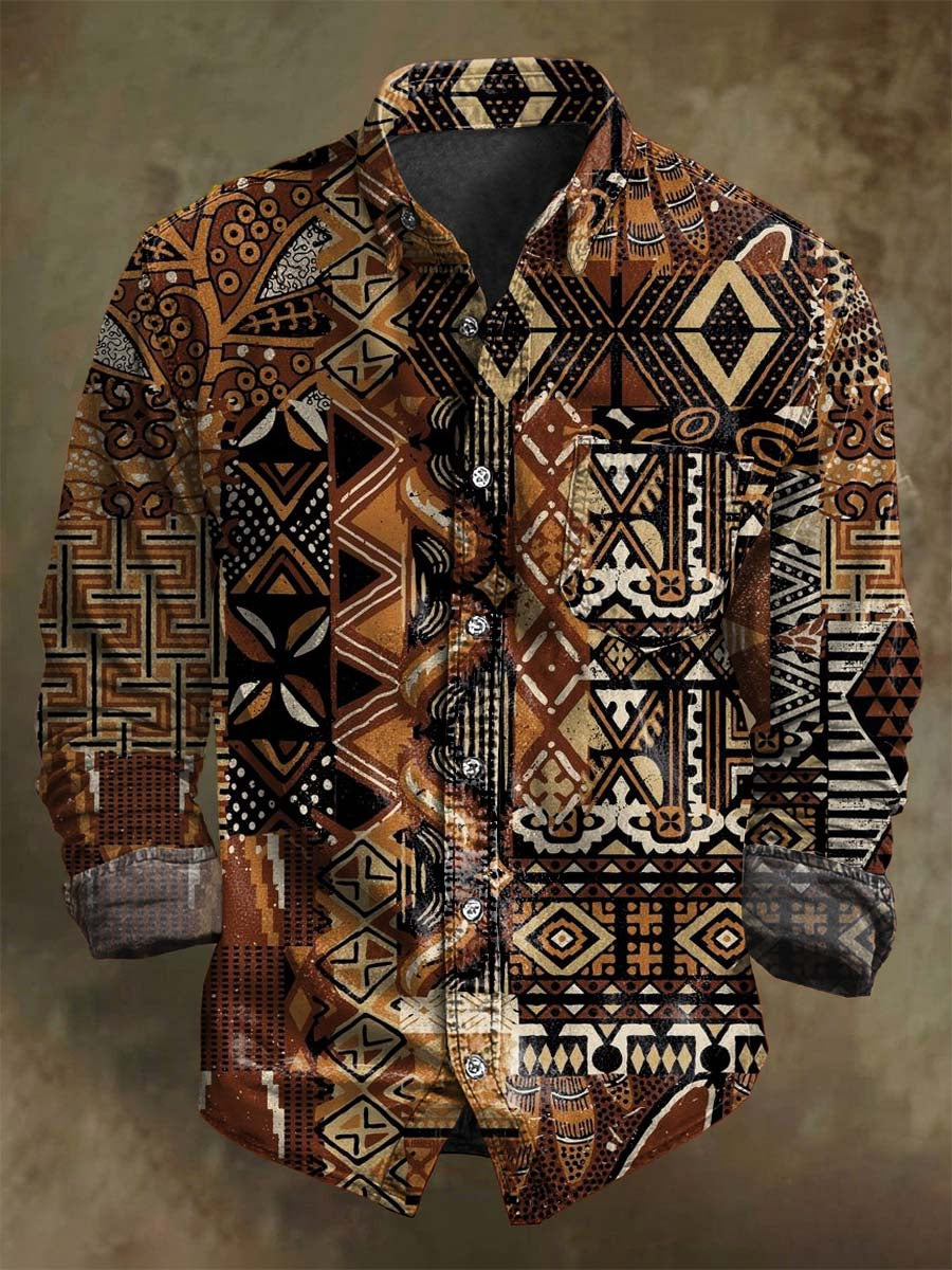 Abstract Retro Geometric Print Casual Long-Sleeve Shirt