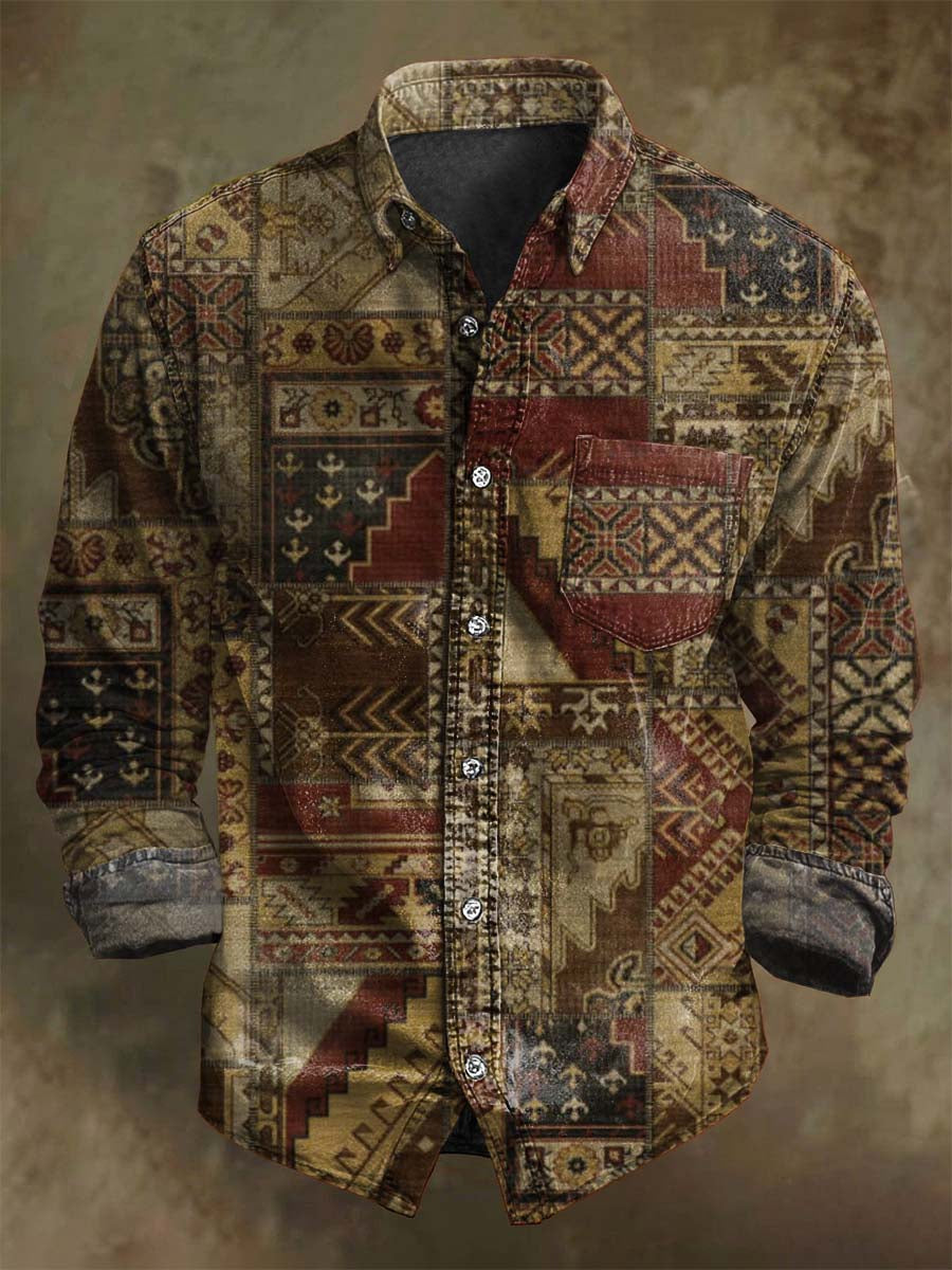 Abstract Retro Geometric Print Casual Long-Sleeve Shirt