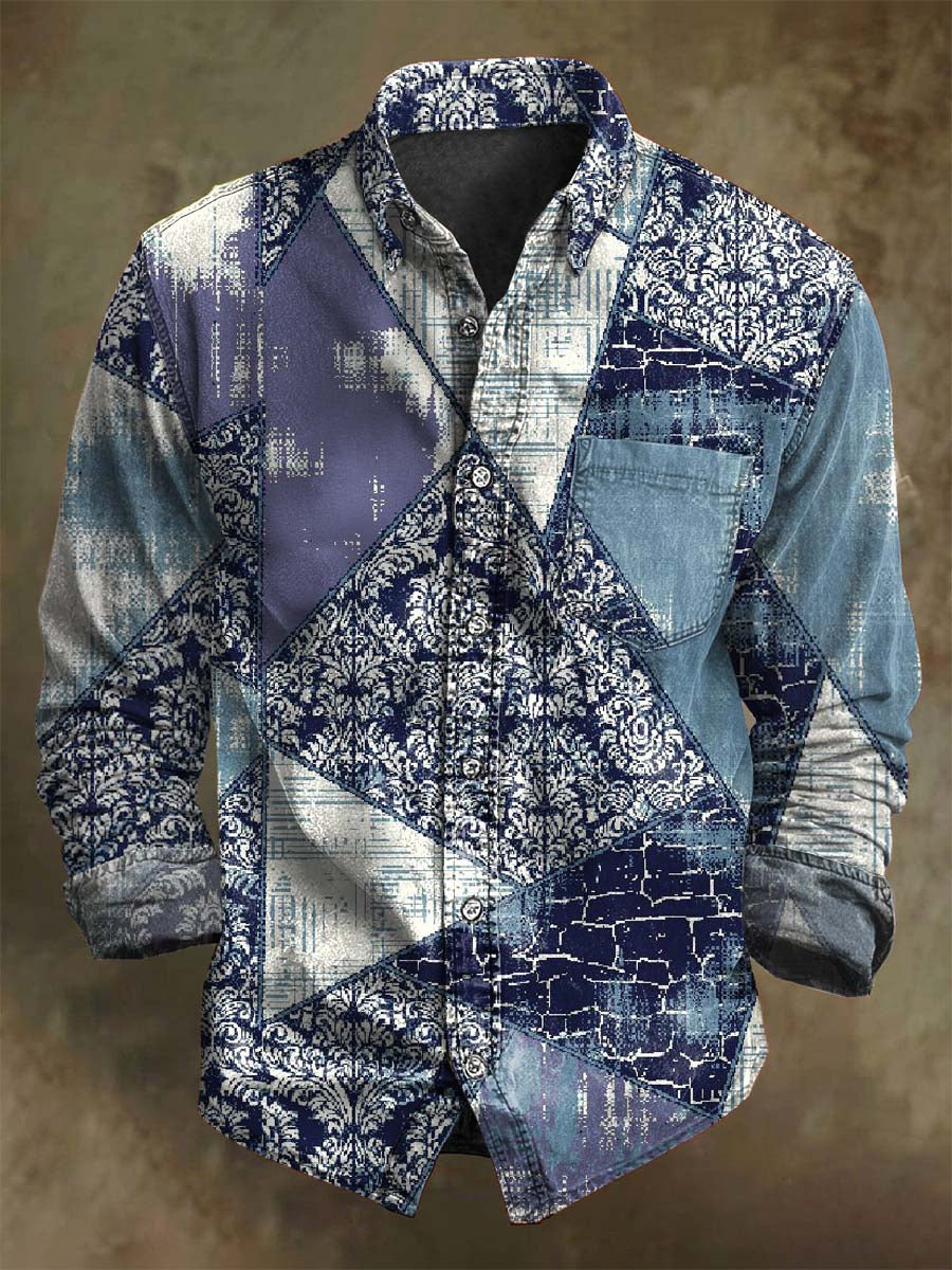 Abstract Retro Geometric Print Casual Long-Sleeve Shirt