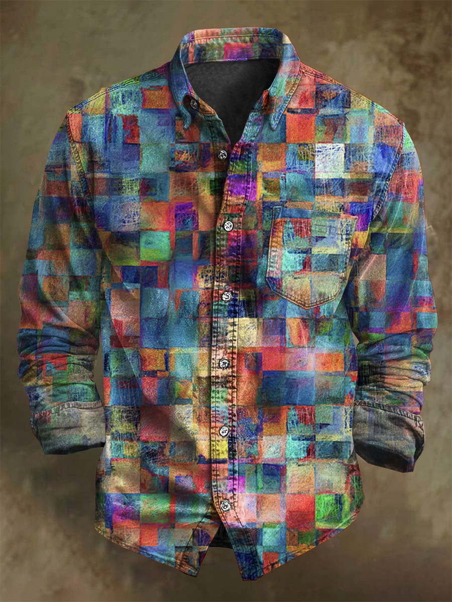 Abstract Colorful Geometric Print Casual Long-Sleeve Shirt