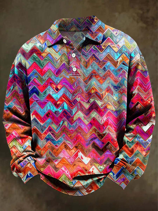 Abstract Wave Print Casual Long-Sleeve Polo Shirt