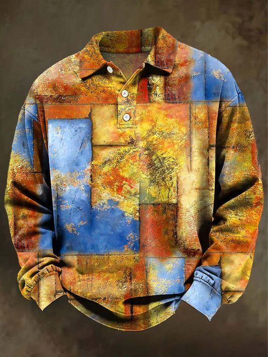 Retro Abstract Color-Block Print Casual Long-Sleeve Polo Shirt