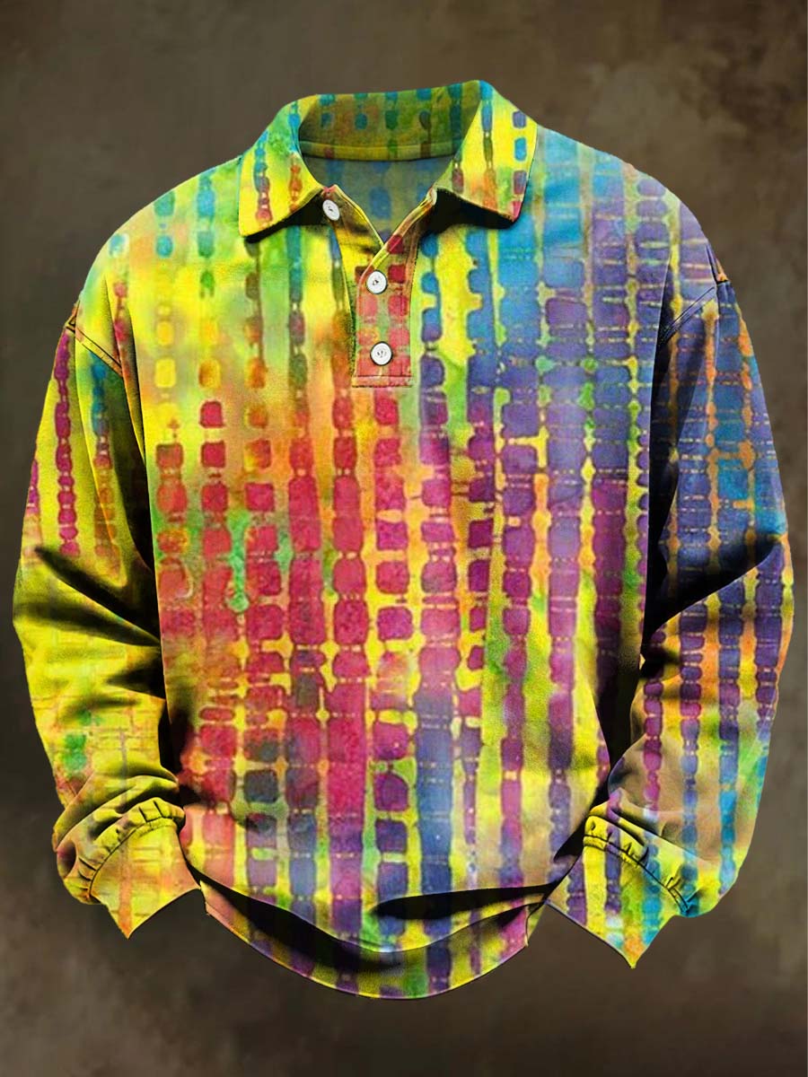 Abstract Gradient Polka Dot Print Casual Long-Sleeve Polo Shirt