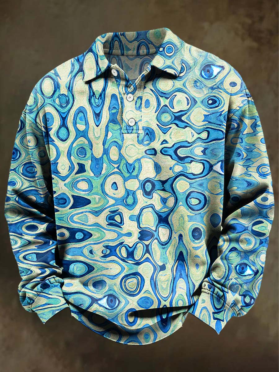 Abstract Water Ripple Print Casual Long-Sleeve Polo Shirt