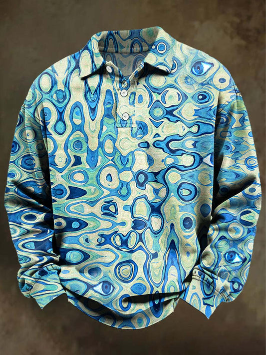 Abstract Water Ripple Print Casual Long-Sleeve Polo Shirt