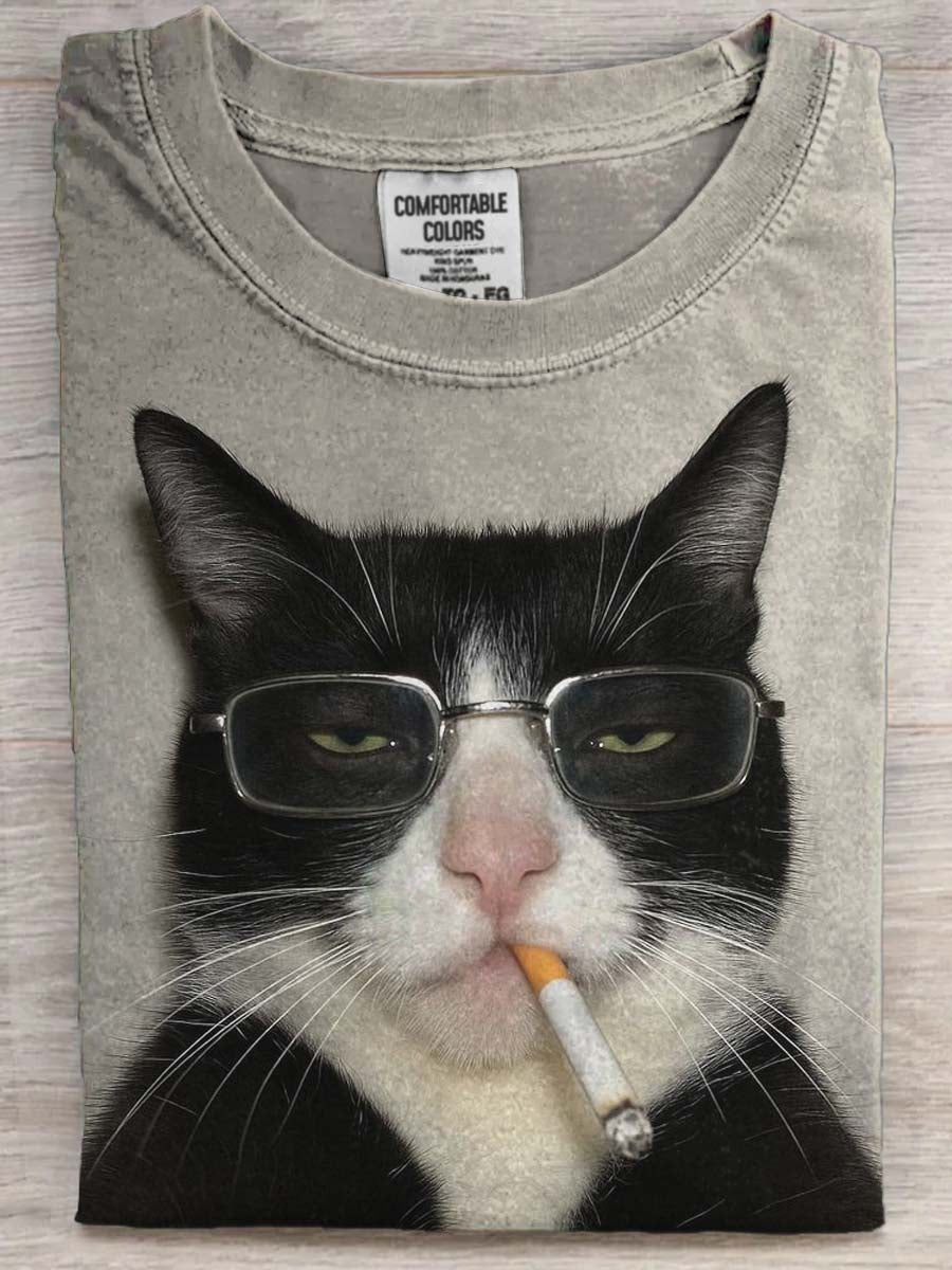 Funny Cat Smoking Print Casual Short-Sleeve T-Shirt