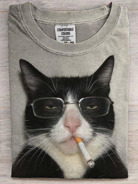 Funny Cat Smoking Print Casual Short-Sleeve T-Shirt