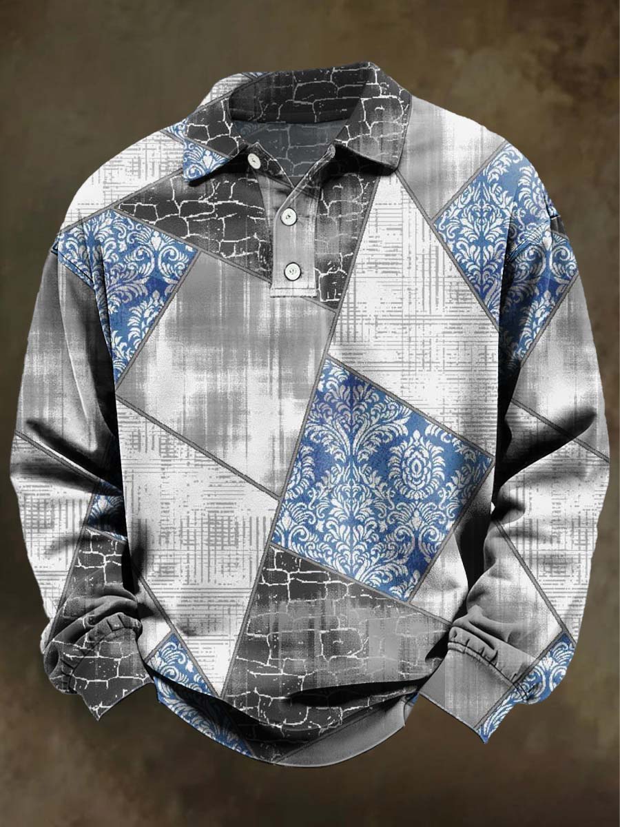 Retro Abstract Geometric Floral Print Casual Long-Sleeve Polo Shirt