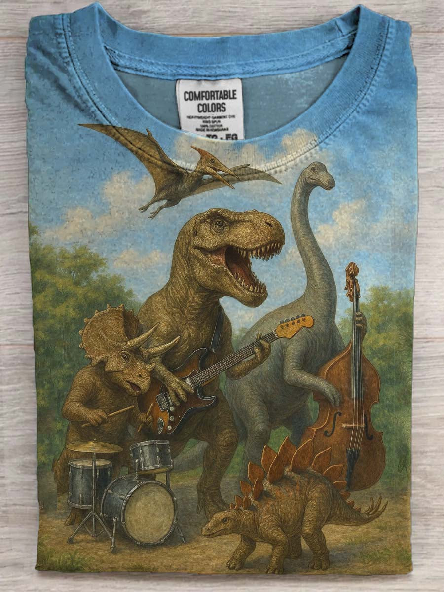 Funny Dinosaur Band Print Casual Short-Sleeve T-Shirt
