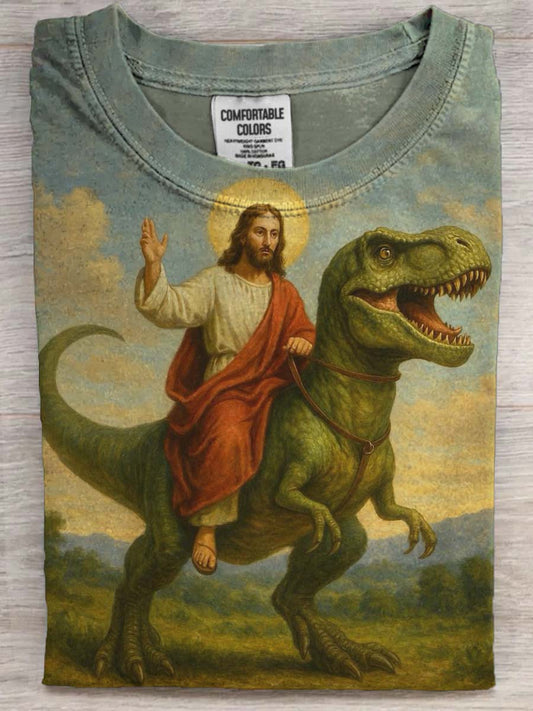 Funny Jesus Dinosaur Print Casual Short-Sleeve T-Shirt