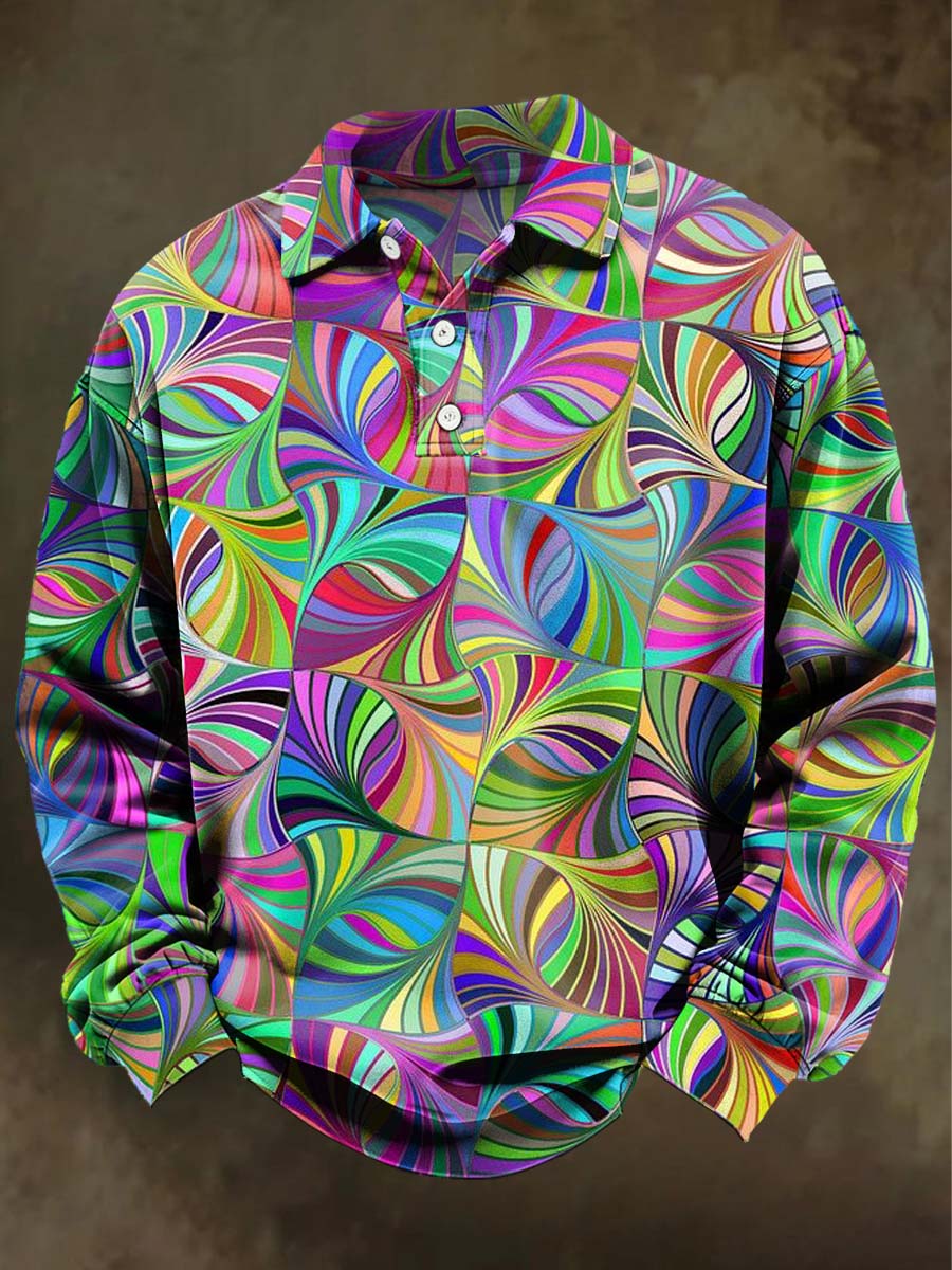 Abstract Swirl Geometric Print Casual Long-Sleeve Polo Shirt