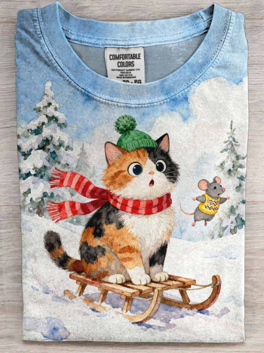 Sled Cat and Mouse Print Casual Short-Sleeve T-Shirt