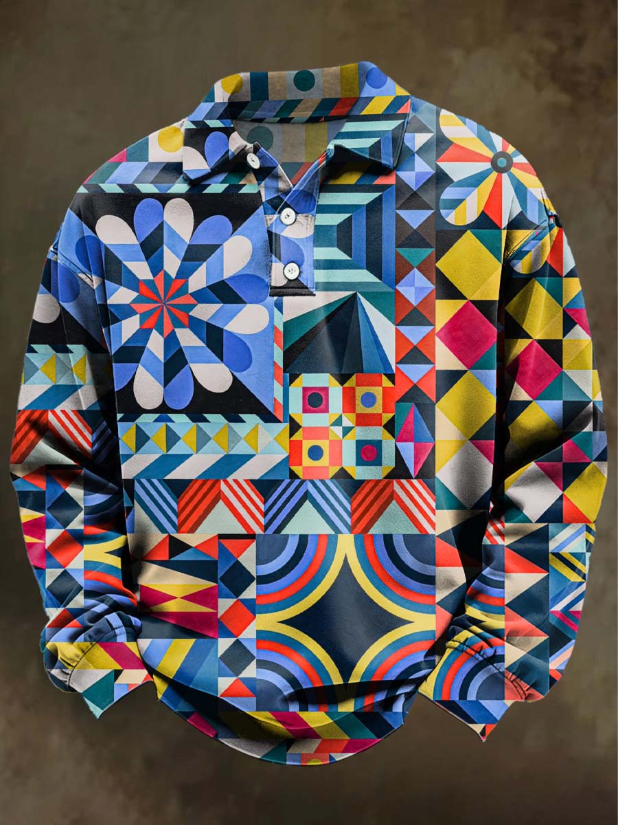 Abstract Kaleidoscope Geometric Print Casual Long-Sleeve Polo Shirt