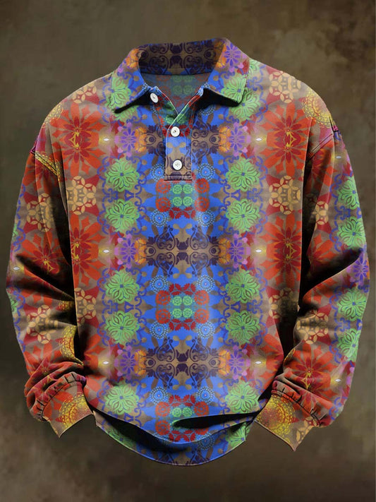Retro Floral Print Casual Long-Sleeve Polo Shirt
