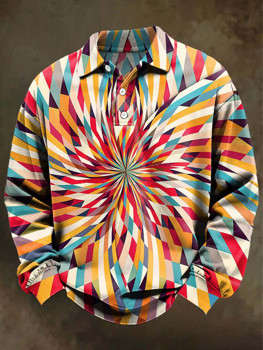 Abstract Multicolor Geometric Print Casual Long-Sleeve Polo Shirt