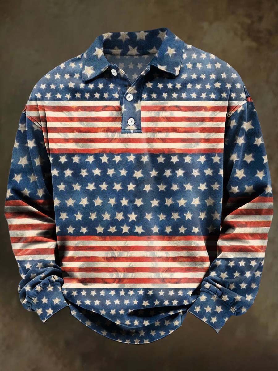 Abstract American Flag Print Casual Long-Sleeve Polo Shirt