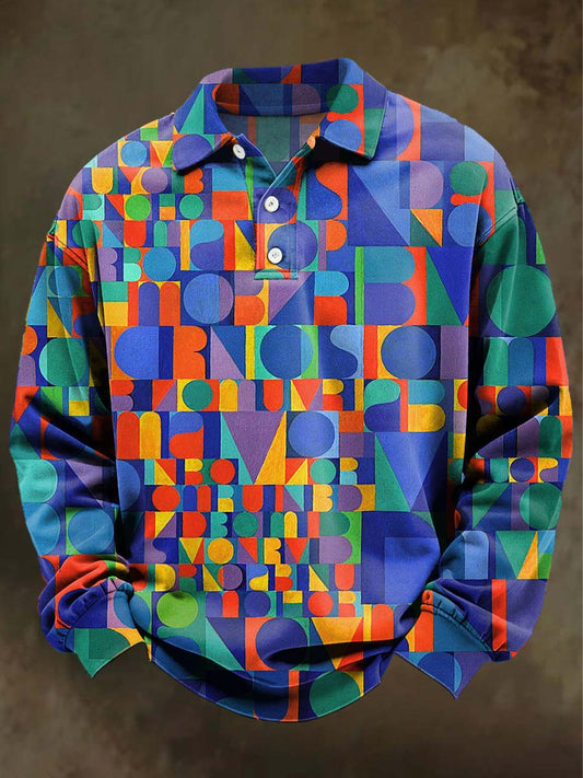 Abstract Geometric Print Casual Long-Sleeve Polo Shirt