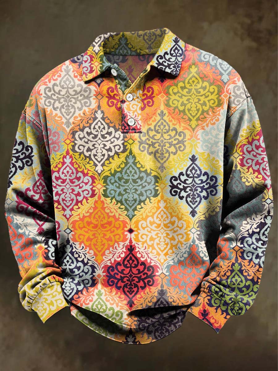 Retro Floral Print Casual Long-Sleeve Polo Shirt